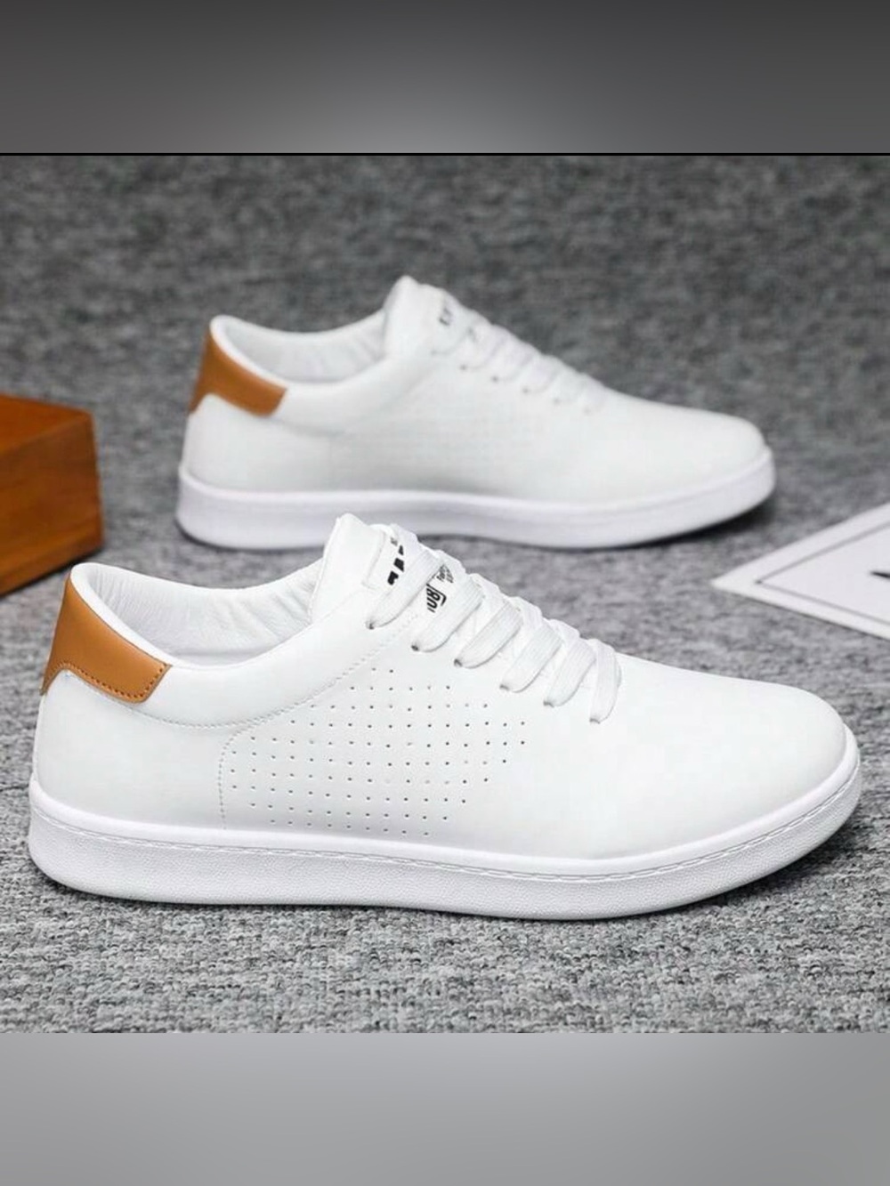 White Men's Casual Sneakers with Tan Heel Accent - Picture 3 of 3
